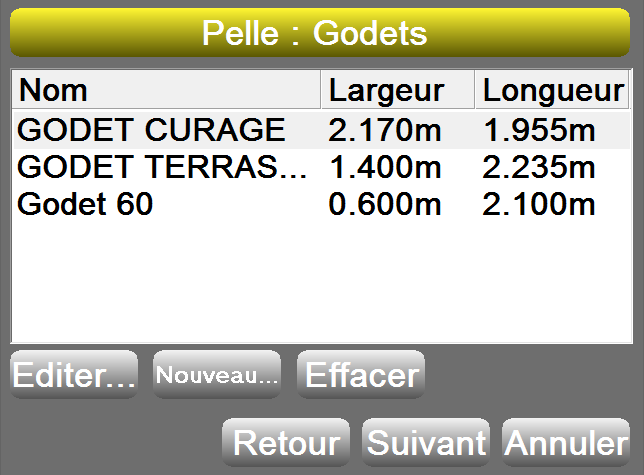 Calibration des différents godets